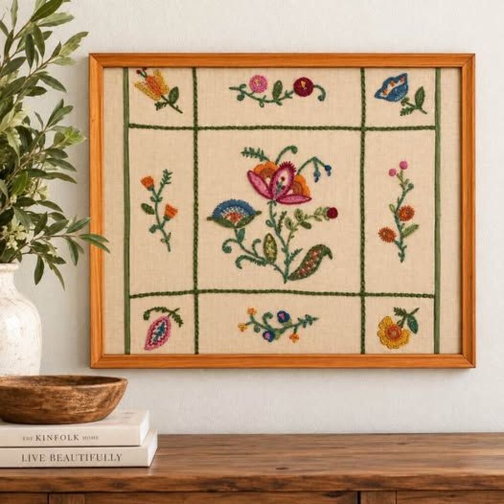 Vintage Framed Floral Embroidery Wall Art